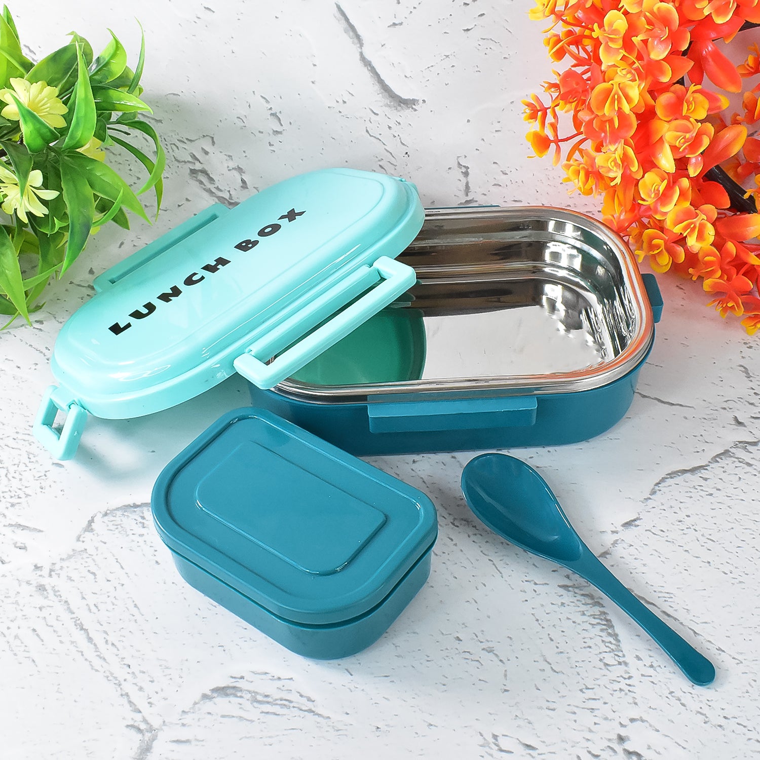 3 In 1 Spicy Bite Stainless Steel Lunch Box With Plastic Small Box  Spoon (1 Set) 3 In 1 Spicy Bite Stainless Steel Lunch Box With Plastic Small Box  Spoon (1 Set)